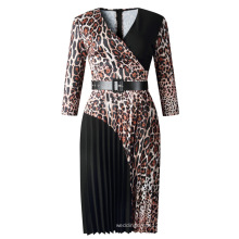Sexy V-neck Christmas Leopard Sash Pleated Fashion African Women Dress